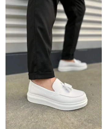 JY154 Blaze Bağcıksız Püsküllü Cilt Erkek Günlük Spor Klasik Ayakkabı CBT - Beyaz