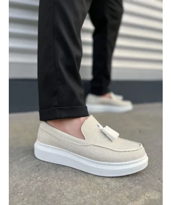 JY154 Blaze Bağcıksız Püsküllü Keten Erkek Günlük Spor Klasik Ayakkabı KBT - Beyaz