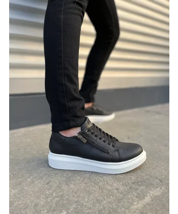 JY155 Warrior Bağcıklı ve Fermuarlı Cilt Erkek Günlük Sneaker Ayakkabı CBT - Siyah