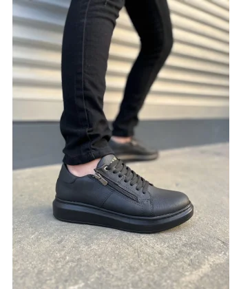 JY155 Warrior Bağcıklı ve Fermuarlı Cilt Erkek Günlük Sneaker Ayakkabı CST - Siyah