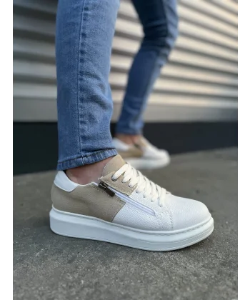 JY155 Warrior Bağcıklı ve Fermuarlı Cilt Süet Erkek Günlük Sneaker Ayakkabı CSBT - Beyaz/Krem