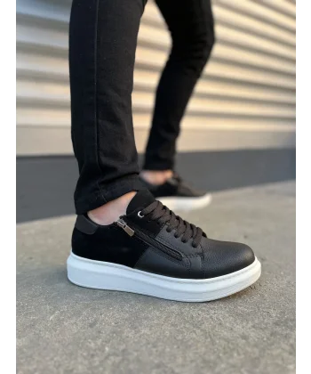 JY155 Warrior Bağcıklı ve Fermuarlı Cilt Süet Erkek Günlük Sneaker Ayakkabı CSBT - Siyah