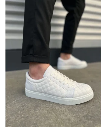 JY166 Prestige Bağcıklı Cilt Kapitone Desenli Erkek Günlük Sneaker Ayakkabı CBT - Beyaz
