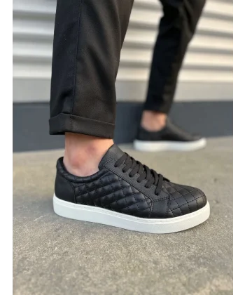 JY166 Prestige Bağcıklı Cilt Kapitone Desenli Erkek Günlük Sneaker Ayakkabı CBT - Siyah