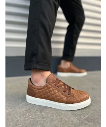 JY166 Prestige Bağcıklı Cilt Kapitone Desenli Erkek Günlük Sneaker Ayakkabı CBT - Taba