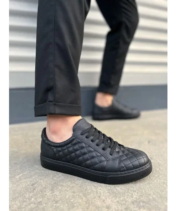 JY166 Prestige Bağcıklı Cilt Kapitone Desenli Erkek Günlük Sneaker Ayakkabı CST - Siyah