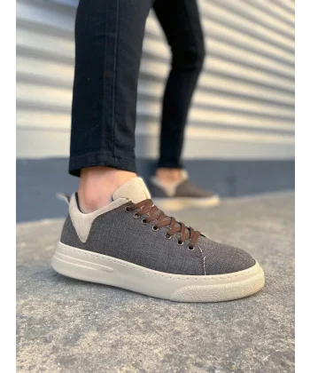 JY204 Flex Bağcıklı Keten Kumaş Erkek Günlük Sneaker Ayakkabı KKT - Kahverengi/Krem
