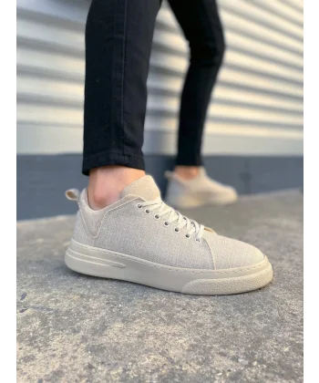 JY204 Flex Bağcıklı Keten Kumaş Erkek Günlük Sneaker Ayakkabı KKT - Krem