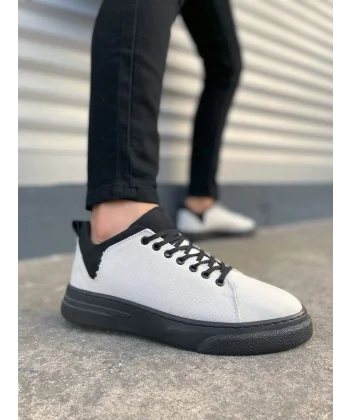 JY204 Flex Bağcıklı Keten Kumaş Erkek Günlük Sneaker Ayakkabı KST - Beyaz/Siyah