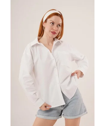 Kabartma Desenli Tek Cepli Düğmeli Beyaz Gömlek