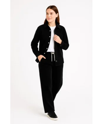 Kadife Oversize Takım – Gömlek Ve Pantolon İkili Set Füme Corduroy Şıklığı, Rahat Ve Zarif Duruş Yumuşak Dokulu Kadife Kumaş, Düğmeli Gömlek Üst Ve Lastikli Pantolon Alt Parça Ile Gün Boyu Konfor- Siyah