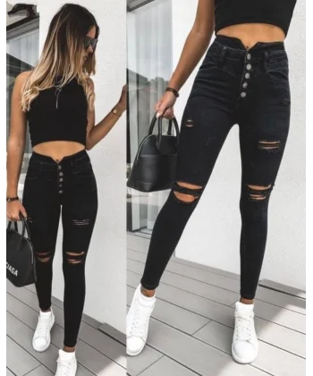 Kadın 5 Düğmeli V Detay Bel Yırtık Kot