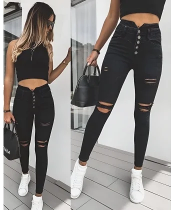 Kadın 5 Düğmeli V Detay Bel Yırtık Kot Pantolon