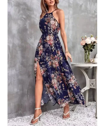 Kadın Açık Omuz Halter Yaka Beli Lastikli Büzgü Detay önden Yırtmaçlı çiçek Desenli Süprem Elbise