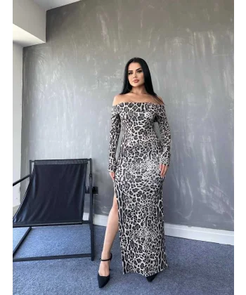 Kadın adonna Yaka Dalgıç Kumaş Leopar Desen axi Boy Derin Yırtmaçlı Elbise