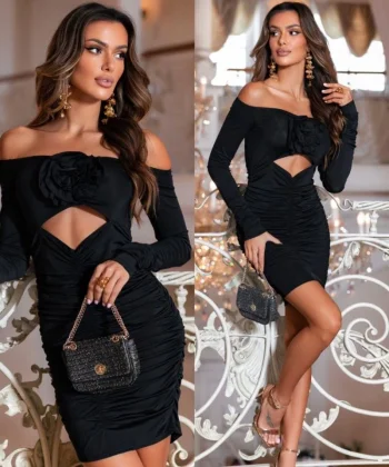 Kadın adonna Yaka Gül Detay Fırsat ürün Göbek Dekolteli ini Elbise