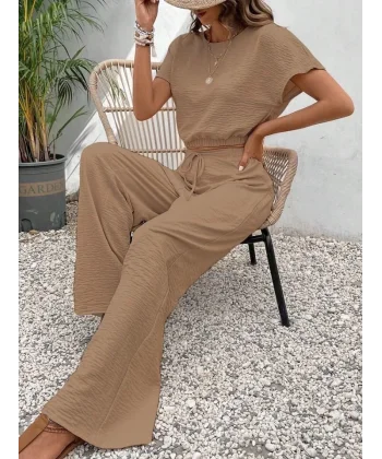 Kadın Aerobin Kumaş Bel Lastik Detaylı Pantolonlu Takım