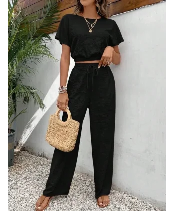 Kadın Aerobin Kumaş Bel Lastik Detaylı Pantolonlu Takım