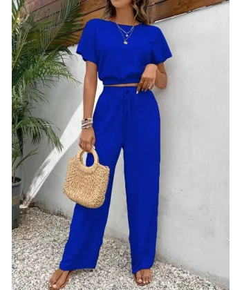 Kadın Aerobin Kumaş Bel Lastik Detaylı Pantolonlu Takım