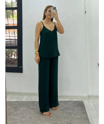 Kadın Aerobin Kumaş Bol Paça Pantolon Ve Askılı Bluz Ikili Takım