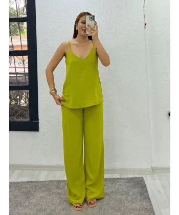 Kadın Aerobin Kumaş Bol Paça Pantolon Ve Askılı Bluz Ikili Takım