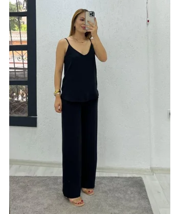 Kadın Aerobin Kumaş Bol Paça Pantolon Ve Askılı Bluz Ikili Takım