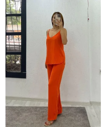 Kadın Aerobin Kumaş Bol Paça Pantolon Ve Askılı Bluz Ikili Takım