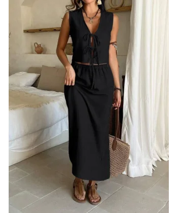 Kadın Aerobin Kumaş Eteği Yırtmaçlı ön Bağlama Detaylı Takım