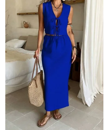 Kadın Aerobin Kumaş Eteği Yırtmaçlı ön Bağlama Detaylı Takım