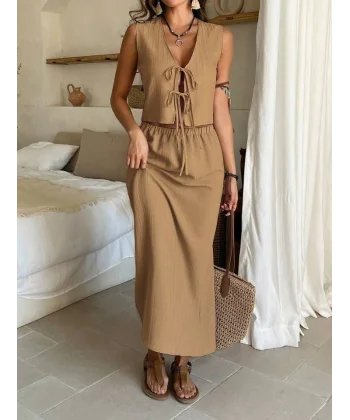 Kadın Aerobin Kumaş Eteği Yırtmaçlı ön Bağlama Detaylı Takım