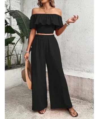 Kadın Aerobin Kumaş Fırfır Detaylı Madonna Yaka Takım