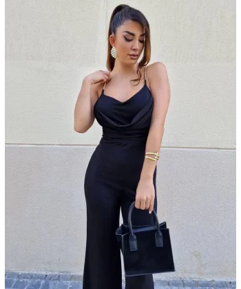 Kadın andy Kumaş Metal Zincir Detaylı Pileli ırt Dekolteli Maxi Boy Tulum