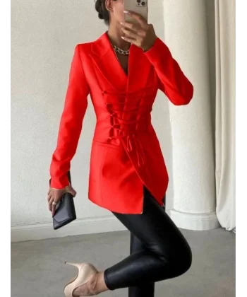 Kadın anşet Yaka Cep Ve Bağcık Detay Uzun Ceket