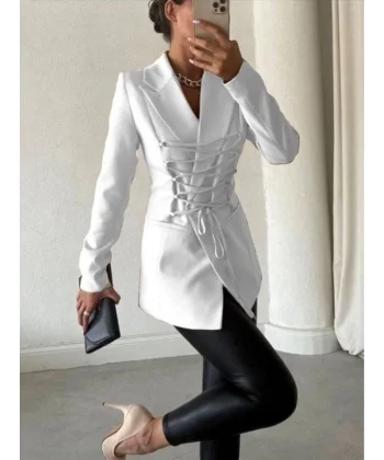 Kadın anşet Yaka Cep Ve Bağcık Detay Uzun Ceket