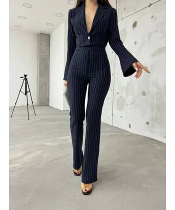 Kadın anşet Yaka Ispanyol Kol çizgi Detay Kısa Ceket Ve Yüksek Bel Ispanyol Paça Pantolon Ikili Takım