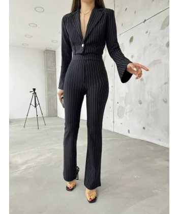 Kadın anşet Yaka Ispanyol Kol çizgi Detay Kısa Ceket Ve Yüksek Bel Ispanyol Paça Pantolon Ikili Takım