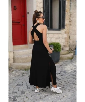 Kadın Arkadan çapraz Detay Yuvarlak Yaka Maksi Viskon Elbise