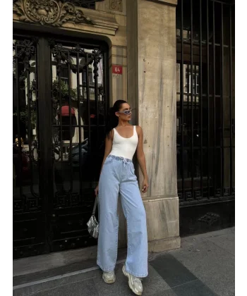 Kadın Arkadan Yırtmaçlı Jeans Kot Palazzo Pantolon - Mavi