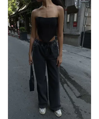 Kadın Arkadan Yırtmaçlı Jeans Kot Palazzo Pantolon - Siyah