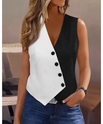 Kadın Asimetrik Kesim Siyah Beyaz önü Düğme Detaylı Ithal Krep Yelek Ceket