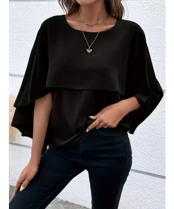 Kadın Asimetrik Pelerin Kollu Yuvarlak Yaka Salaş Sandy Bluz