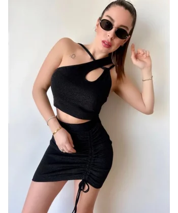 Kadın Asimetrik Yaka Detay Crop Ve Yüksek Bel Mini Etek Ikili Takim