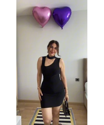 Kadın Asimetrik Yaka Sandy Kumaş Fırsat Ürün Diz Üstü Elbise