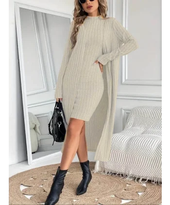 Kadın Askılı Balıkçı Yaka Kısa şardonlu Kaşkorse Elbise Ve Uzun Kollu Ceket Ikili Takım