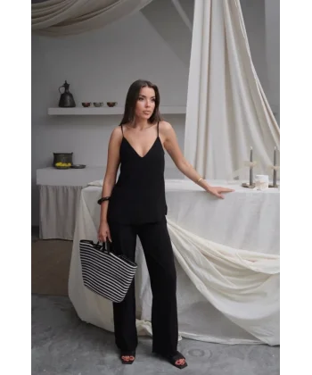 Kadın Askılı Bluz Ve Bol Paça Pantolon Ikili Takım