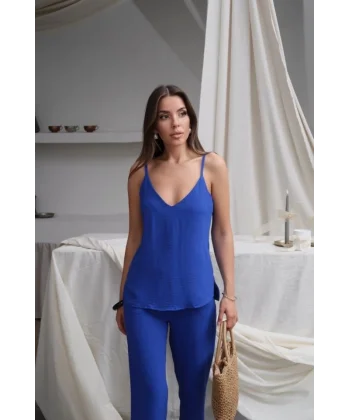 Kadın Askılı Bluz Ve Bol Paça Pantolon Ikili Takım