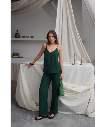 Kadın Askılı Bluz Ve Bol Paça Pantolon Ikili Takım