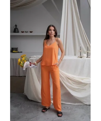 Kadın Askılı Bluz Ve Bol Paça Pantolon Ikili Takım