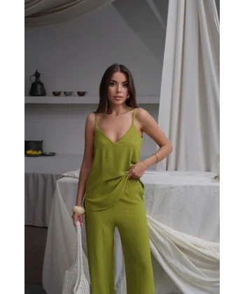 Kadın Askılı Bluz Ve Bol Paça Pantolon Ikili Takım