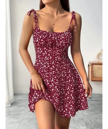 Kadın Askılı Büzgü Detaylı Kare Yaka çiçek Desenli Mini Süprem Elbise